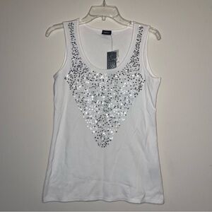 Tribal Sportswear White Ribbed M Tank With Sequin Neckline NWT